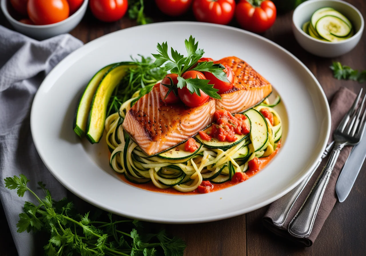 Salmon with Zucchini Tomato Noodles