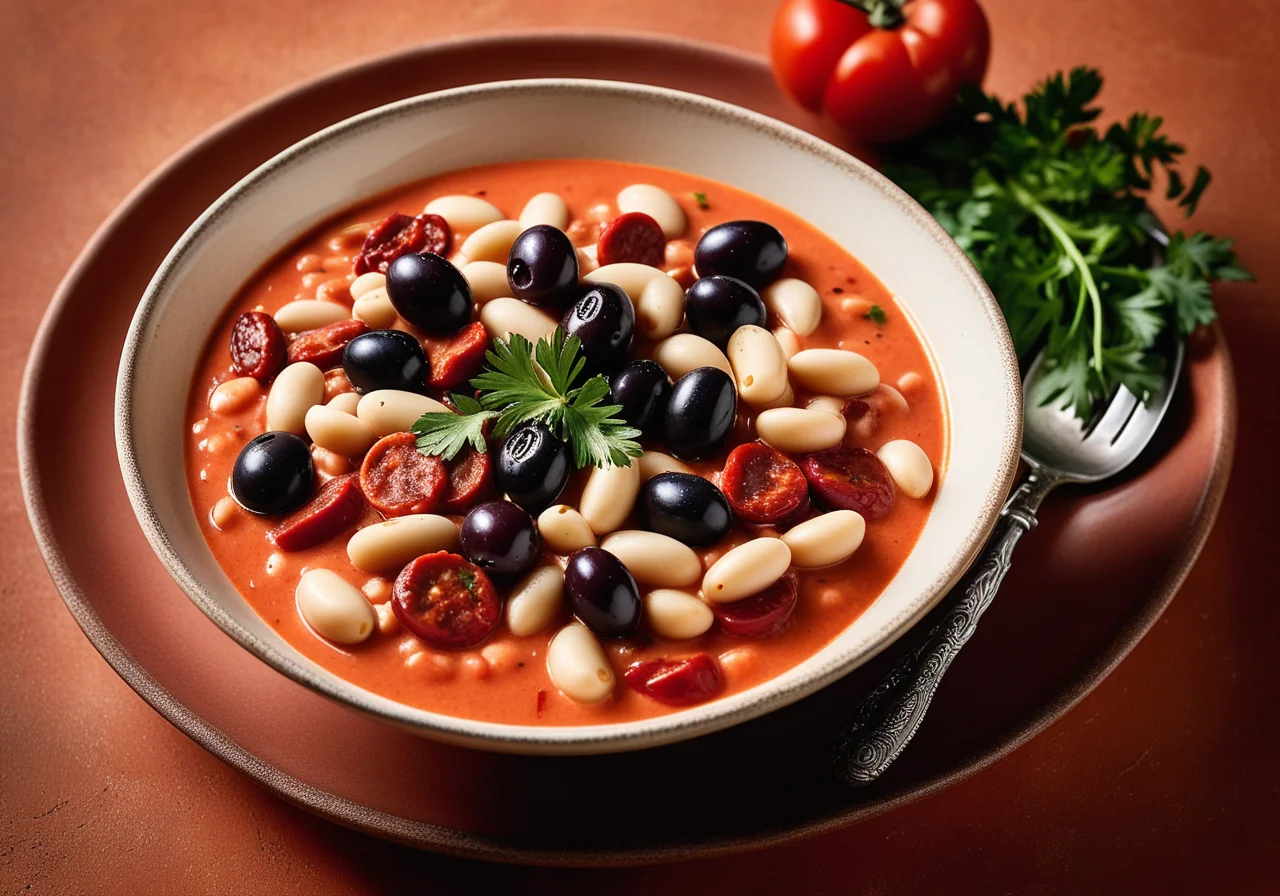 White Beans in Tomato Sauce with Chorizo and Olives