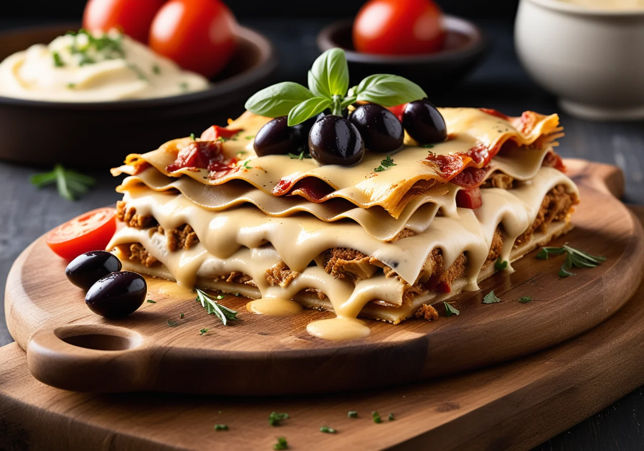 Chicken Lasagna with Provolone Cheese and Olives