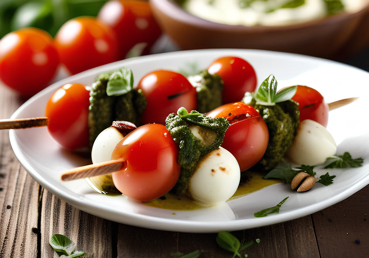 Mini Mozzarella Tomato Skewers with Pesto