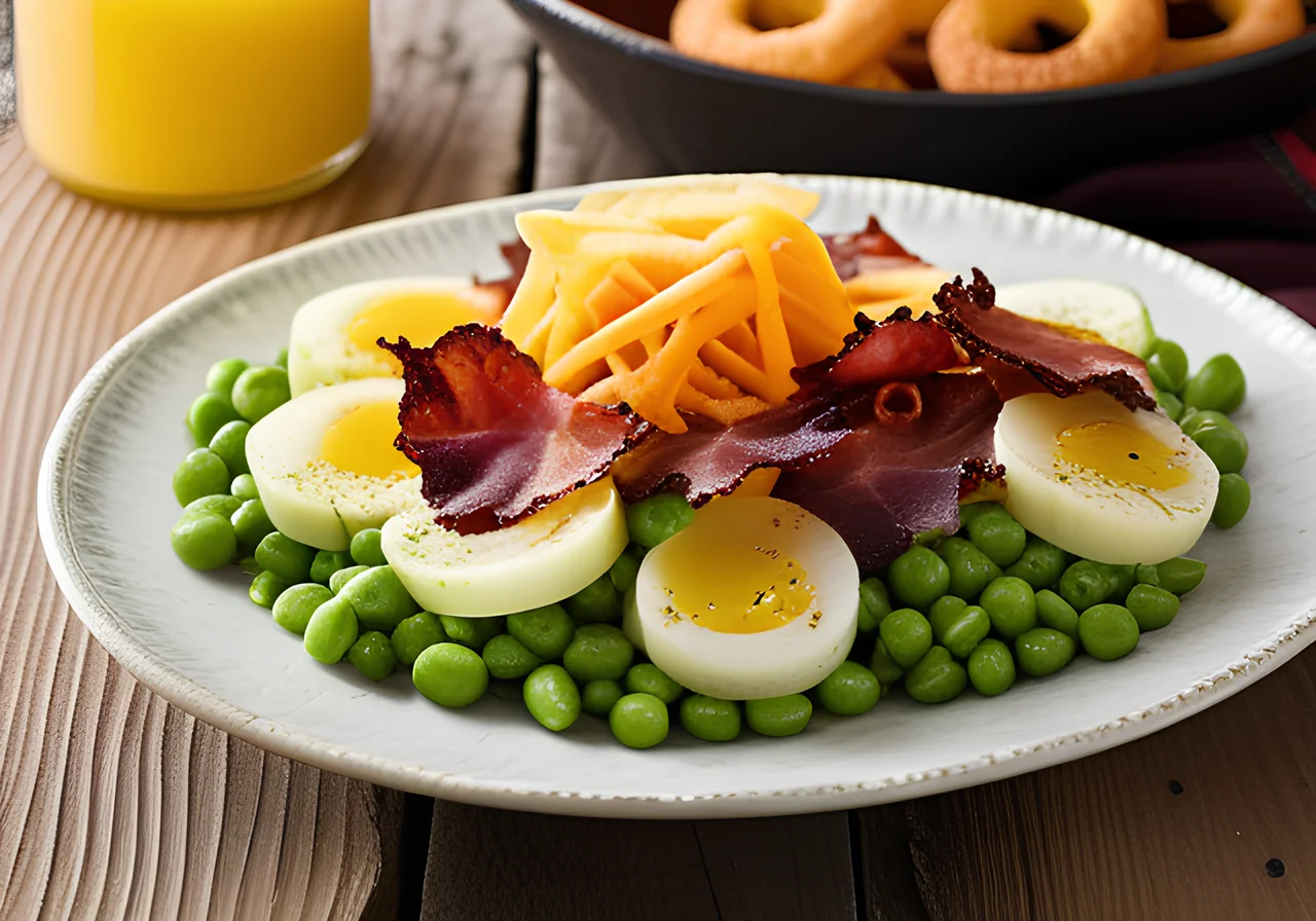 Layered Salad with Onions, Eggs, Bacon, Peas and Cheese