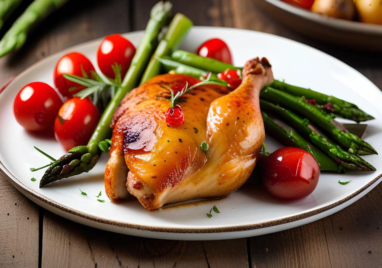 Chicken Thighs with Small Potatoes, Cherry Tomatoes, and Green Asparagus