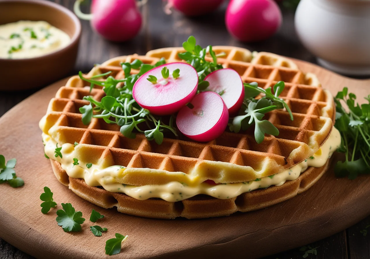 Omelette waffle with radish and garden cress