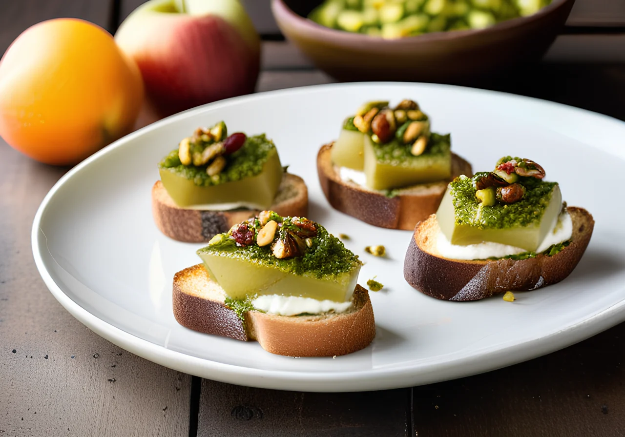Crostini with Baked Goat Cheese, Salad and Pistachio Pesto