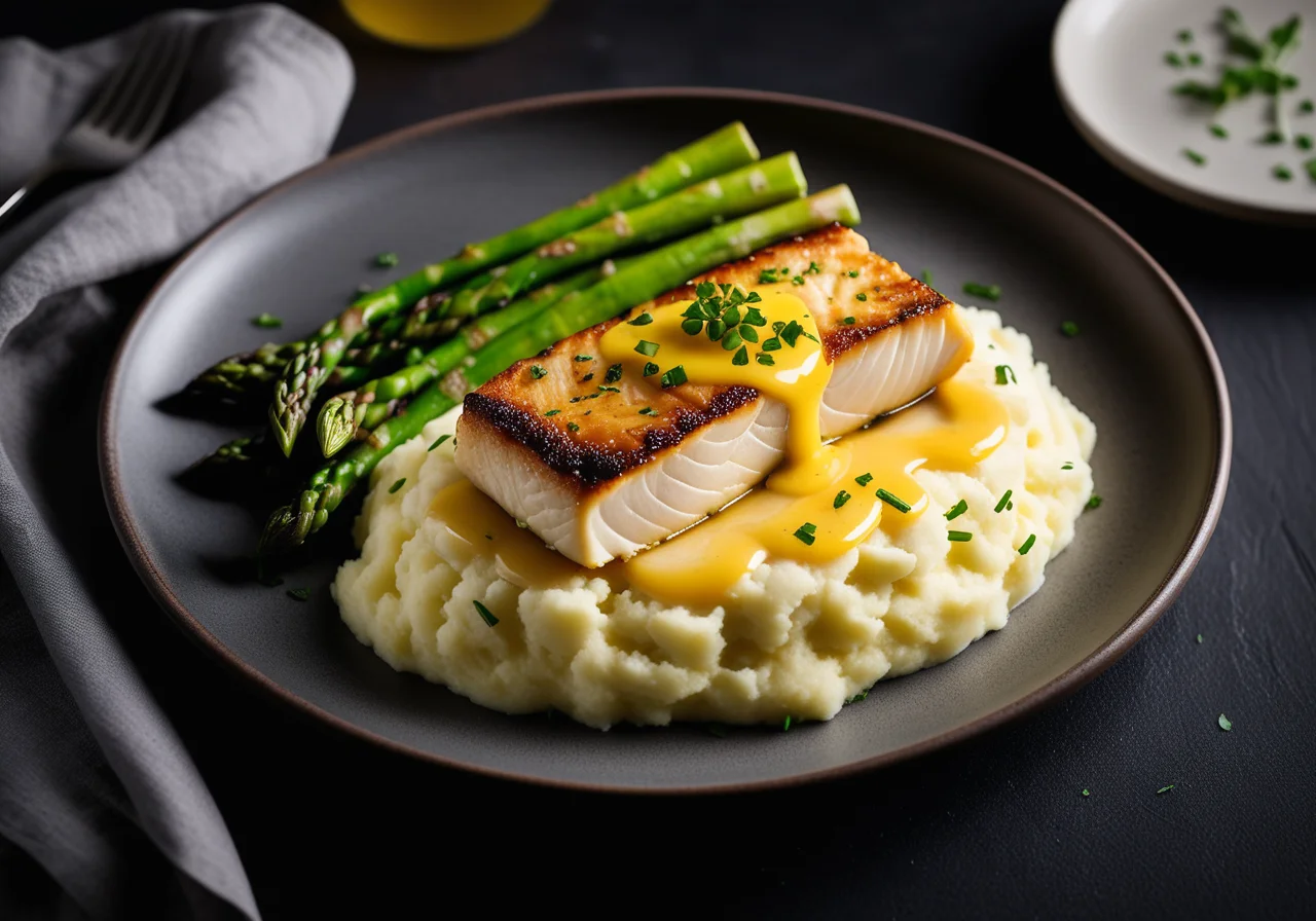 Cod Fillet with Mustard Sauce, Mashed Potatoes and Green Asparagus