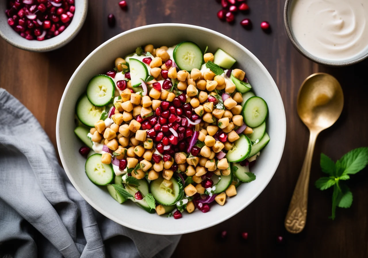 Indischer Kichererbsensalat mit Mandeln und Granatapfelkernen