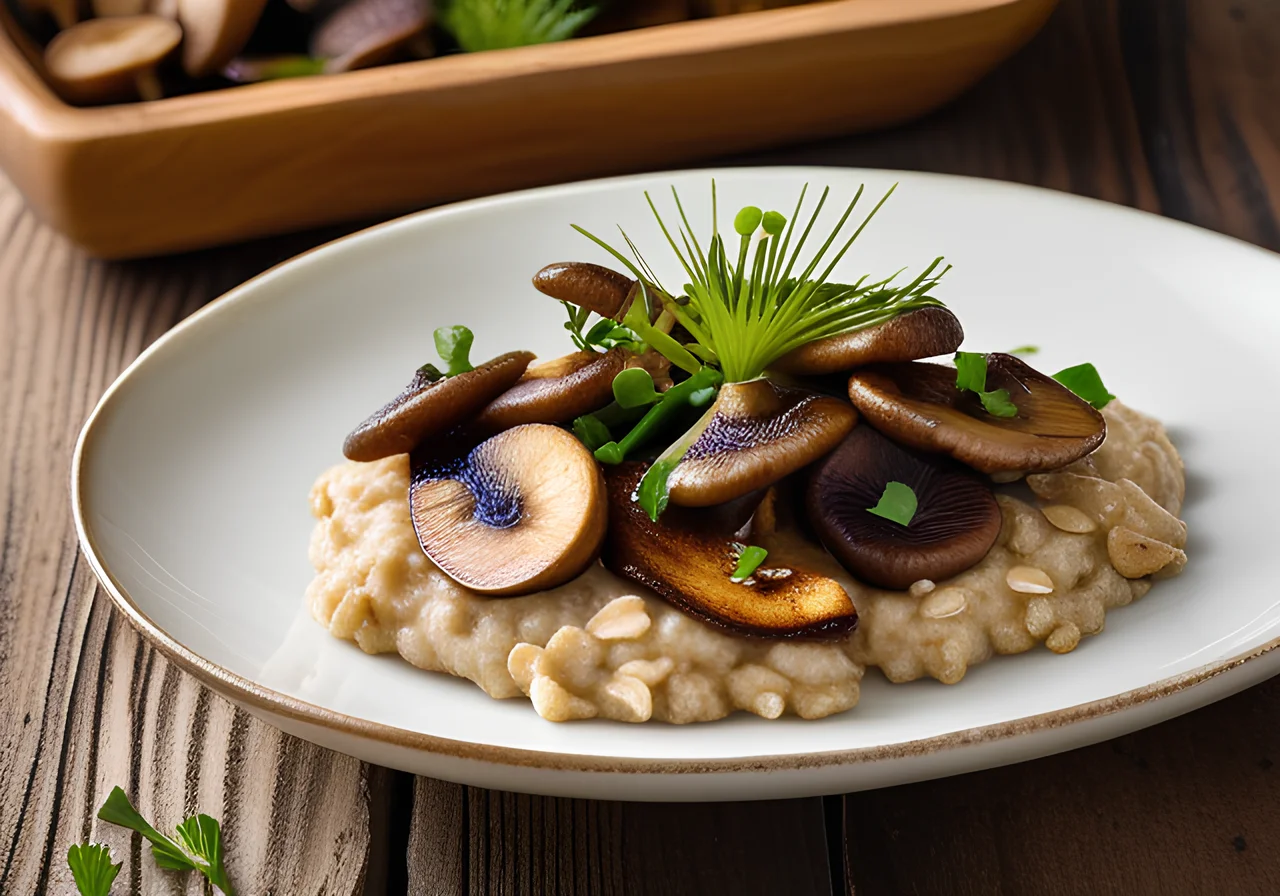 Oatmeal with Mushrooms, Dandelion Greens, and Tempeh