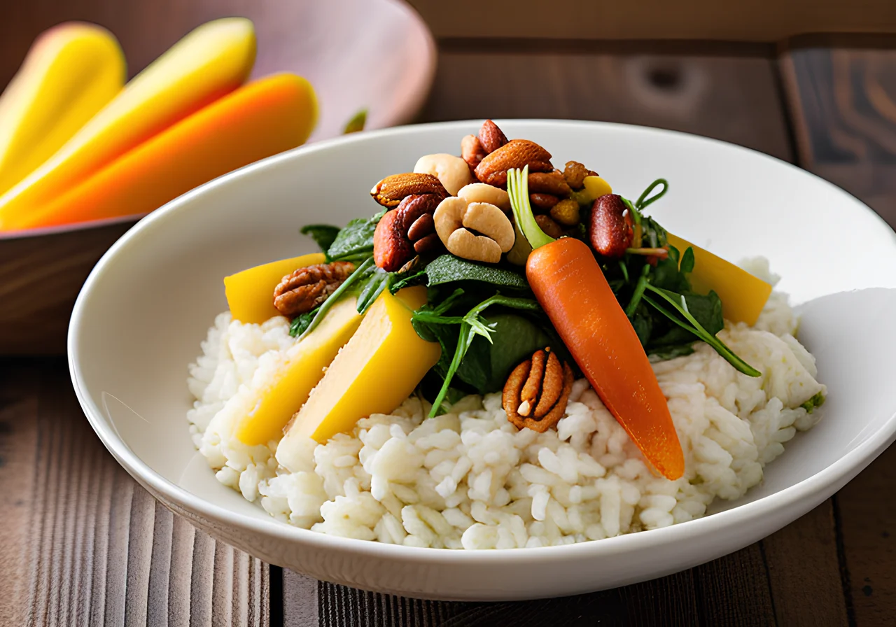 Rice Bowl with Turmeric Veggies, Baby Spinach, Peanut Dip and Mango