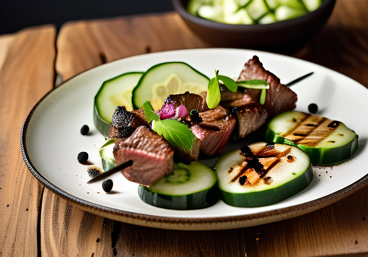 Beef Skewers with Cucumber Salad