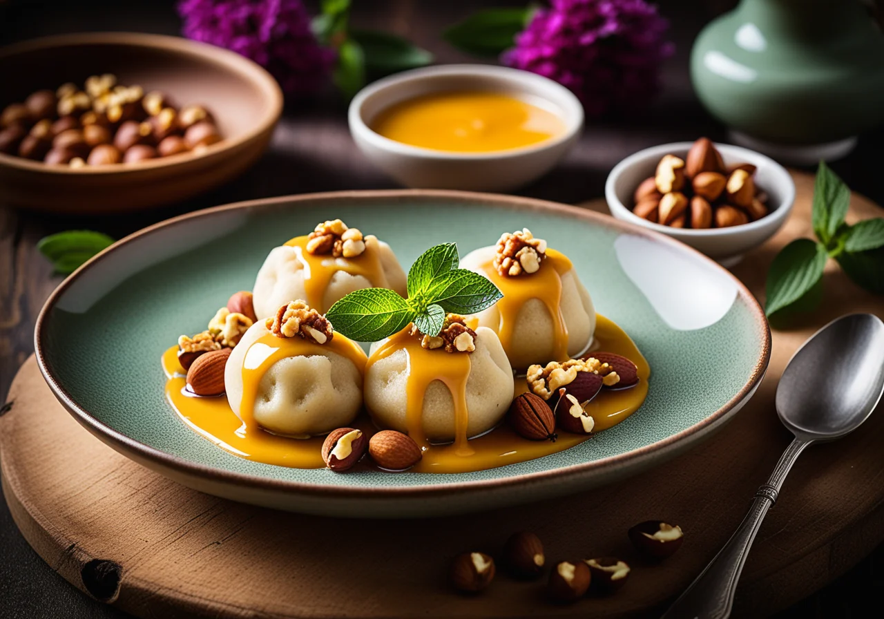 Quark Dumplings with Elderflower Ginger Compote