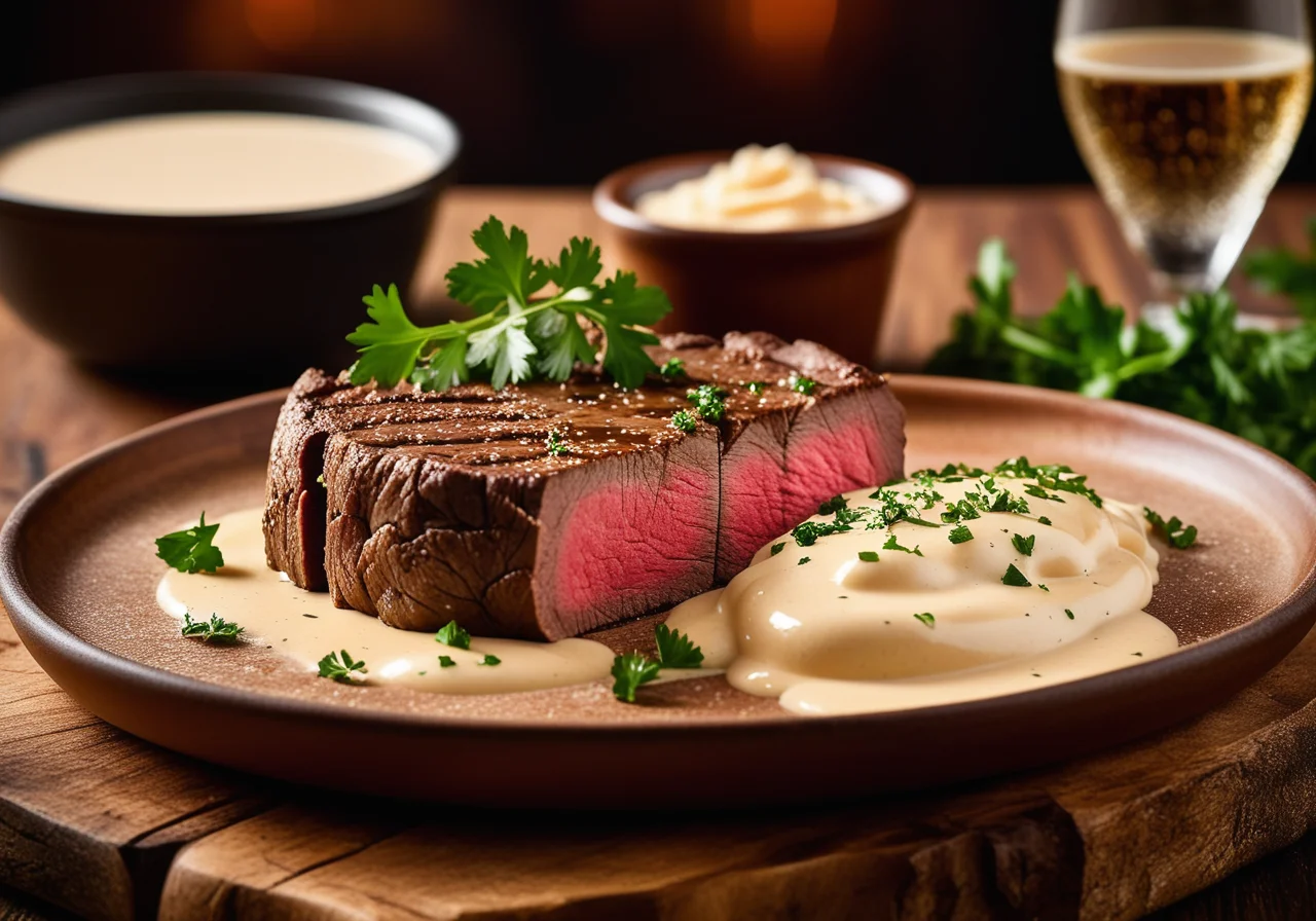 Beef steak with sauce and cheese