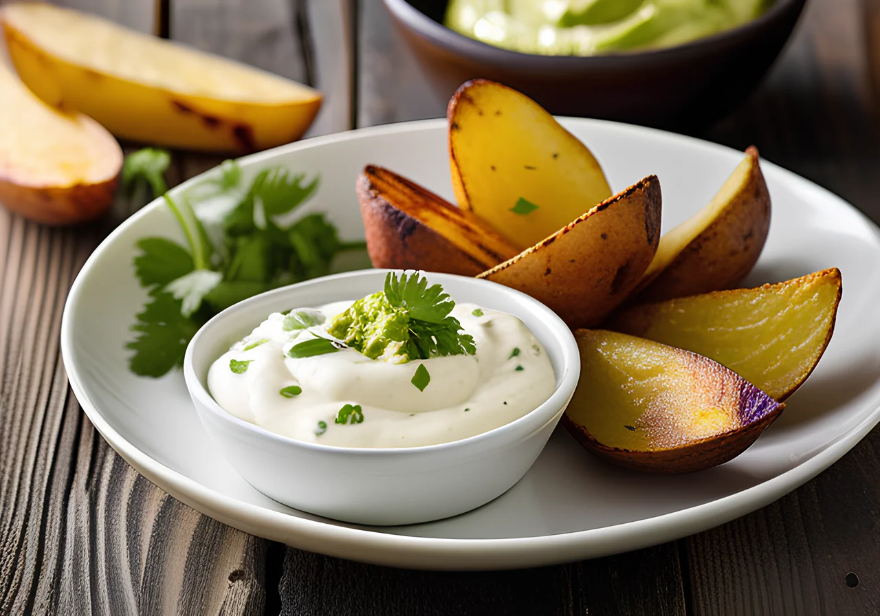 Potato Wedges with Yogurt Dip and Guacamole