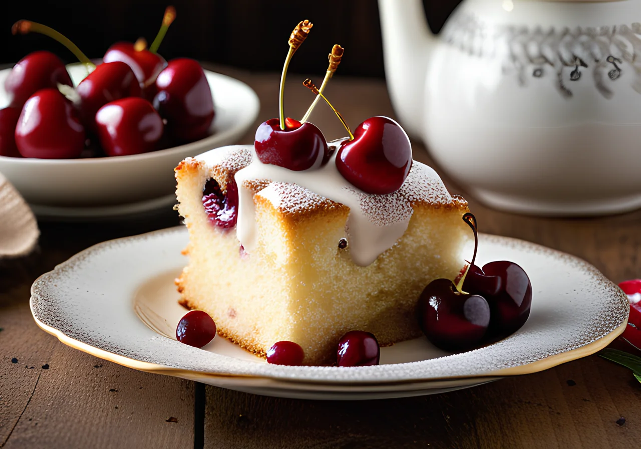 Yeast Cherry Cake with Cream Drizzle