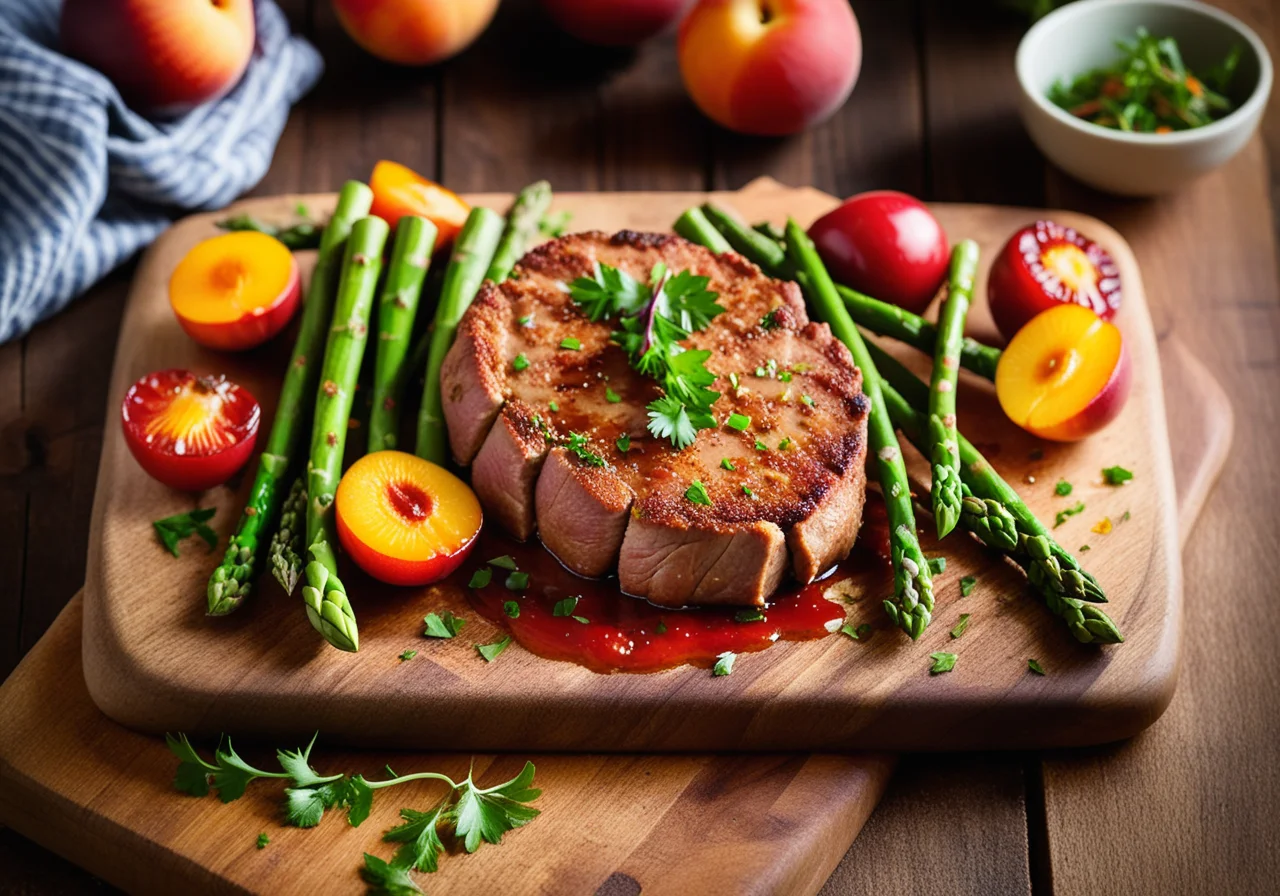 Pork Cutlet with Asparagus and Fruits