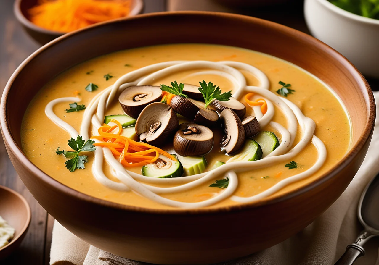 Vegetable cream soup with noodles and mushrooms