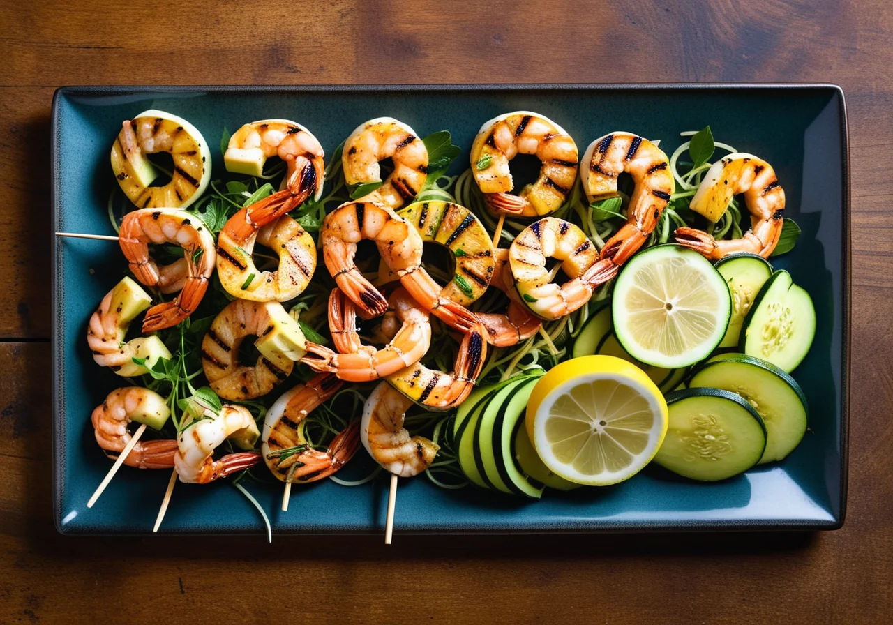 Skewers with Shrimp, Salmon and Zucchini on Sprouts