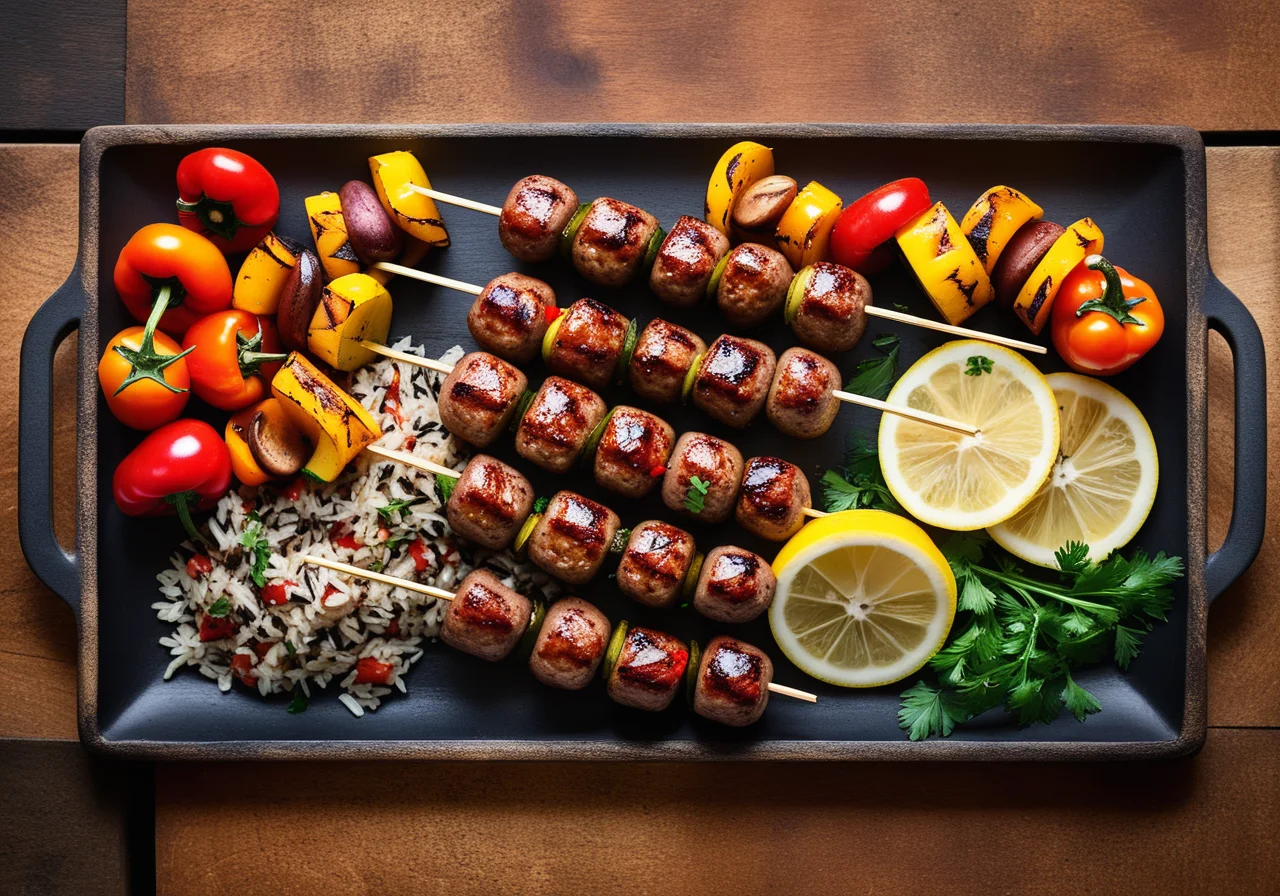 Vegetable Sausage Skewers with Rice