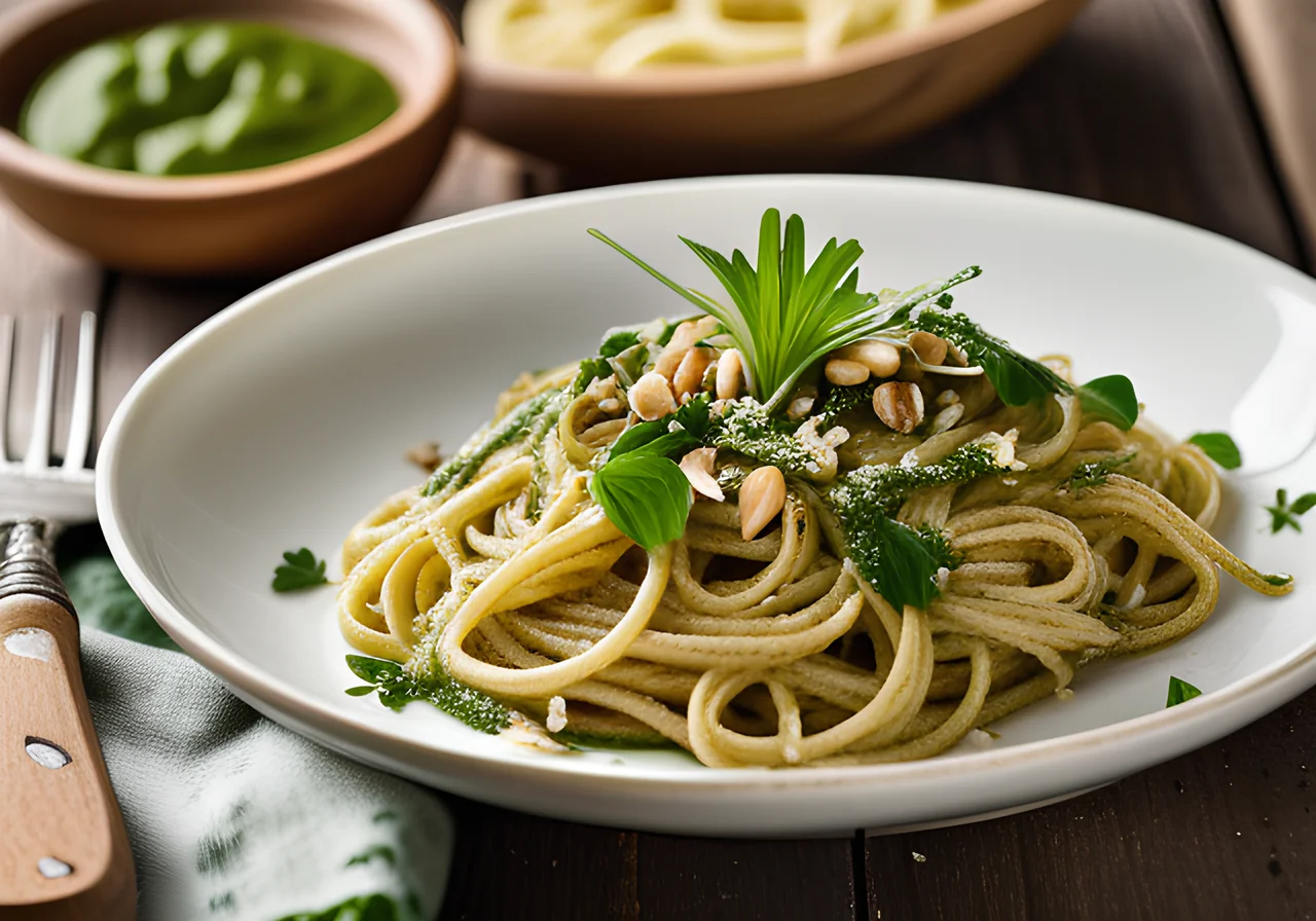 Spaghetti with Wild Garlic and Almond Pesto