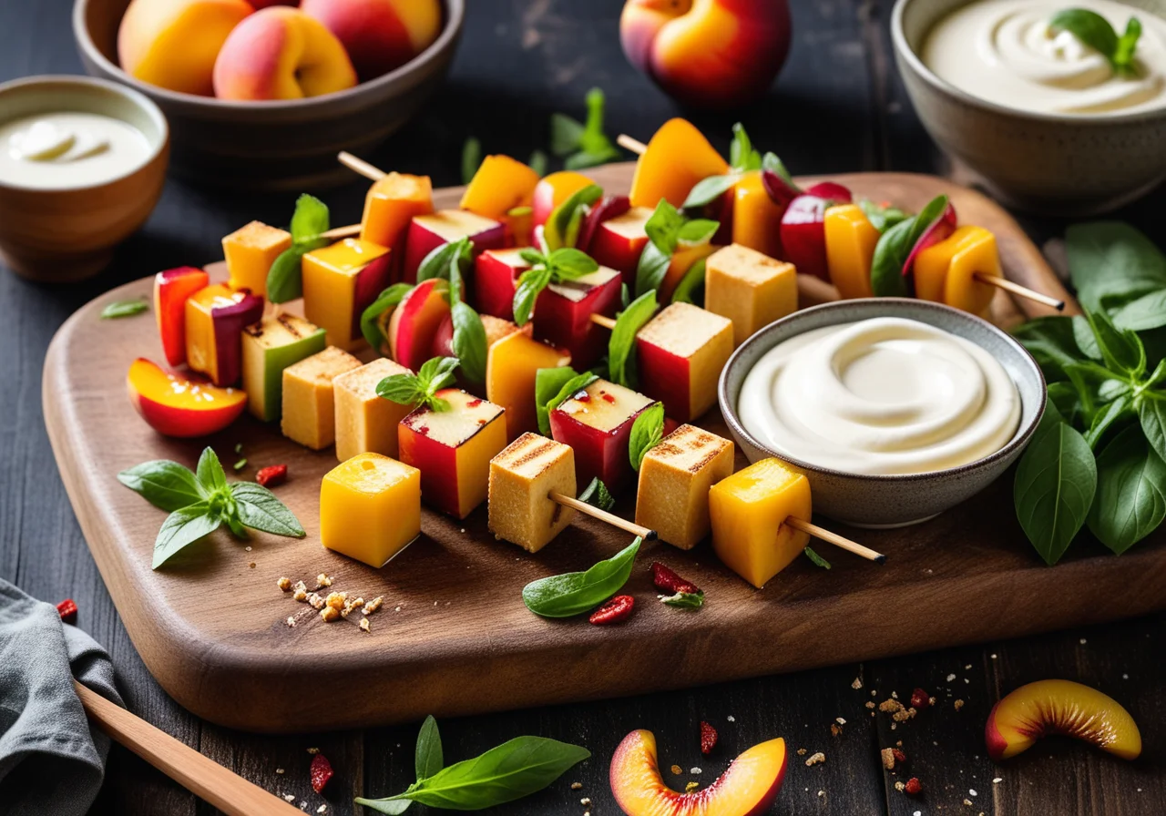 Tofu Nectarine Skewers with Bell Pepper Mint Salad