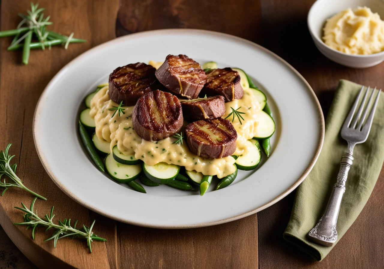 Gratinated Beef Medallions with Beans in Bacon Wrap and Spaetzle