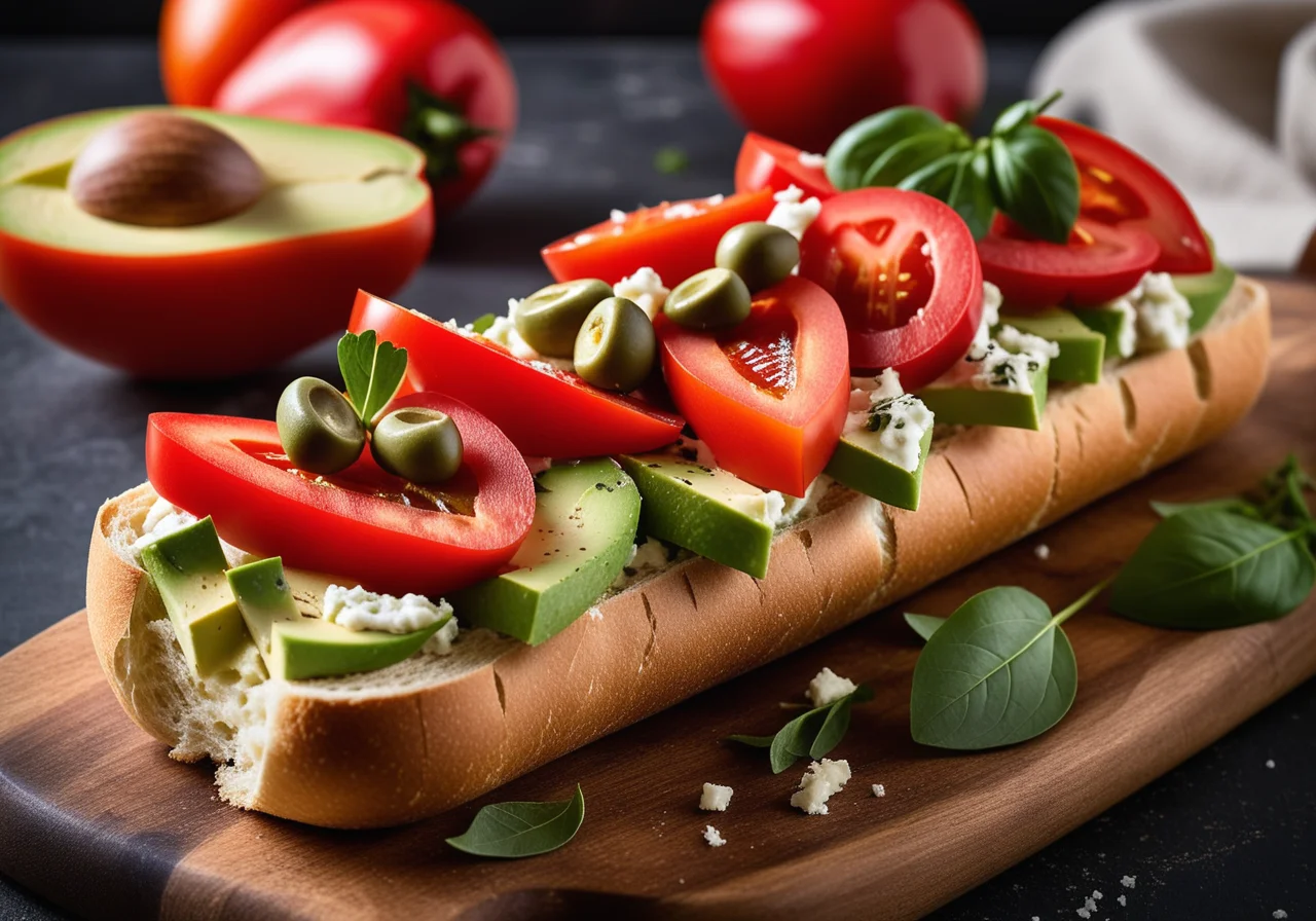 Baguette Buns with Avocado, Sheep Cheese, Olives and Bell Pepper