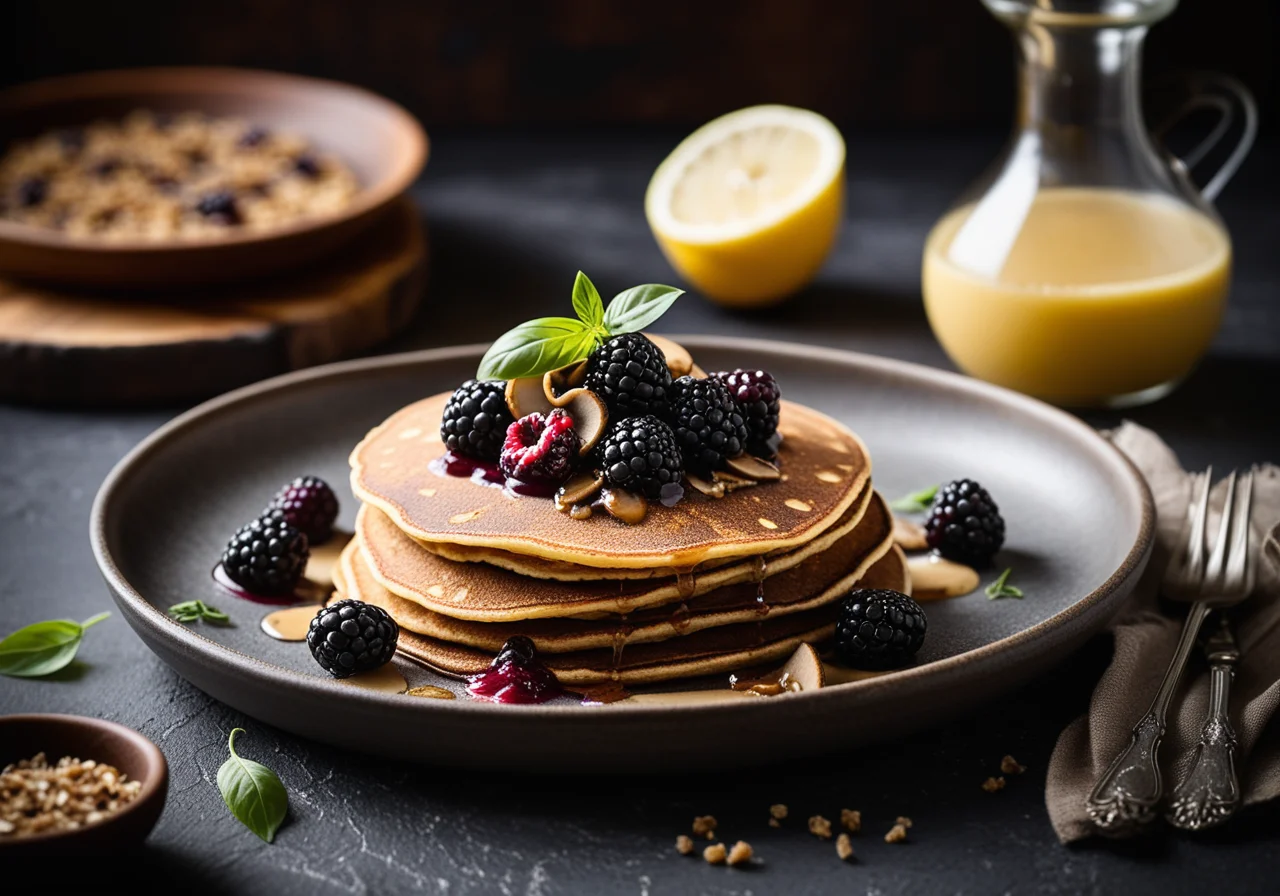 Small Buckwheat Pancakes with Porcini Mushrooms and Elderberry Compote