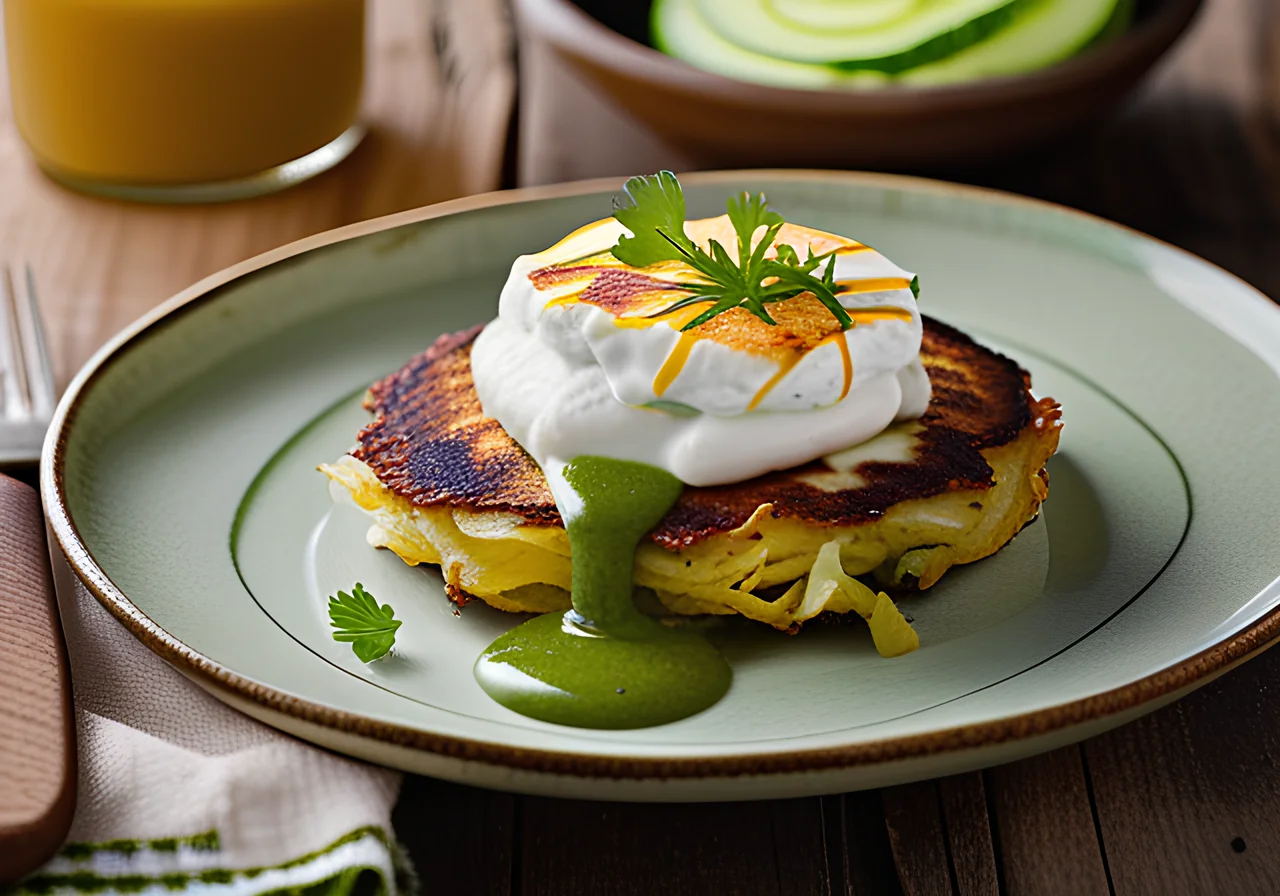 Cabbage and Potato Pancakes with Cucumber Yogurt