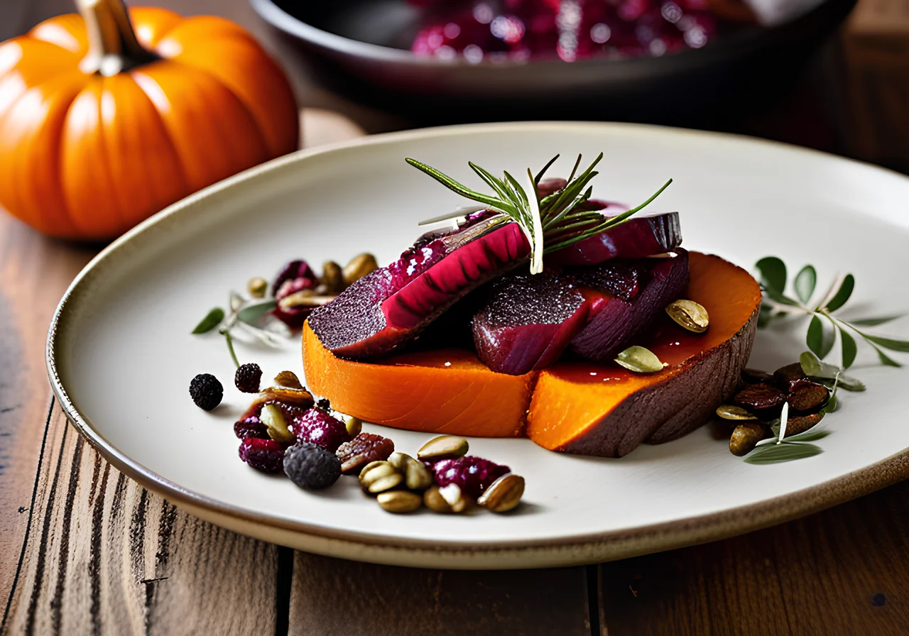 Venison Fillet with Roasted Pumpkin and Blackberries