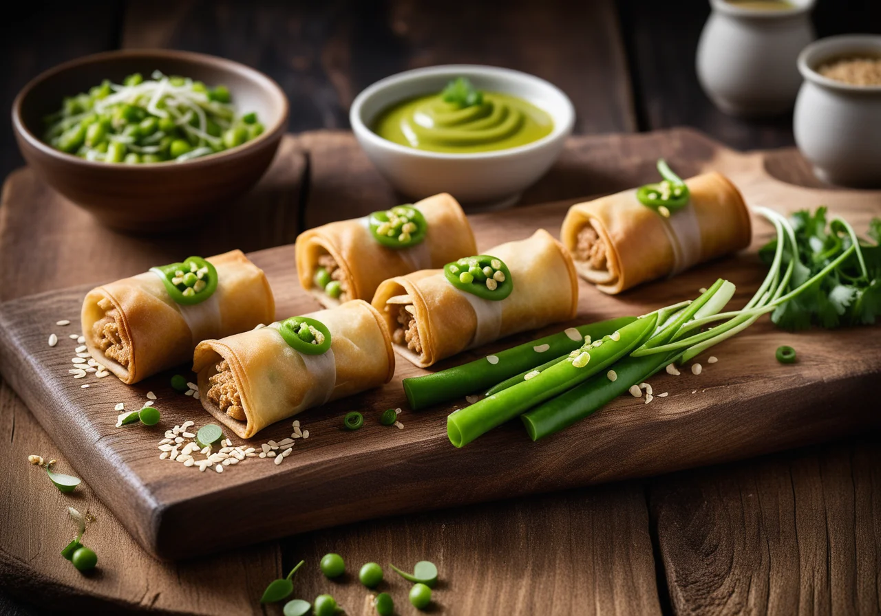 Tuna Salad with Peas and Spring Rolls Filled with Sugar Snap Pea Filling