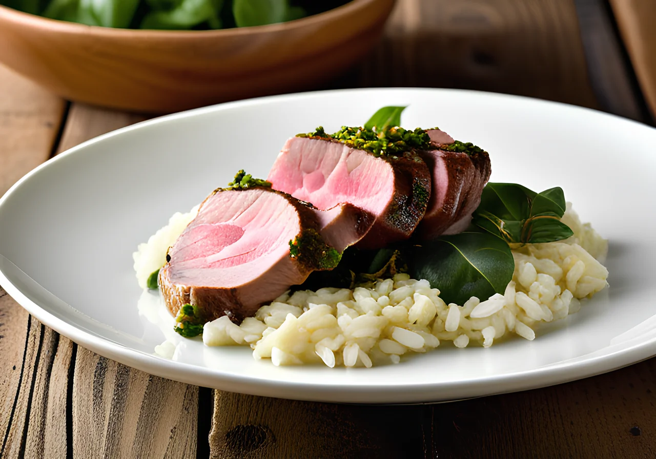 Veal Fillet in Basiline Coating with Swiss Chard Fragrant Rice