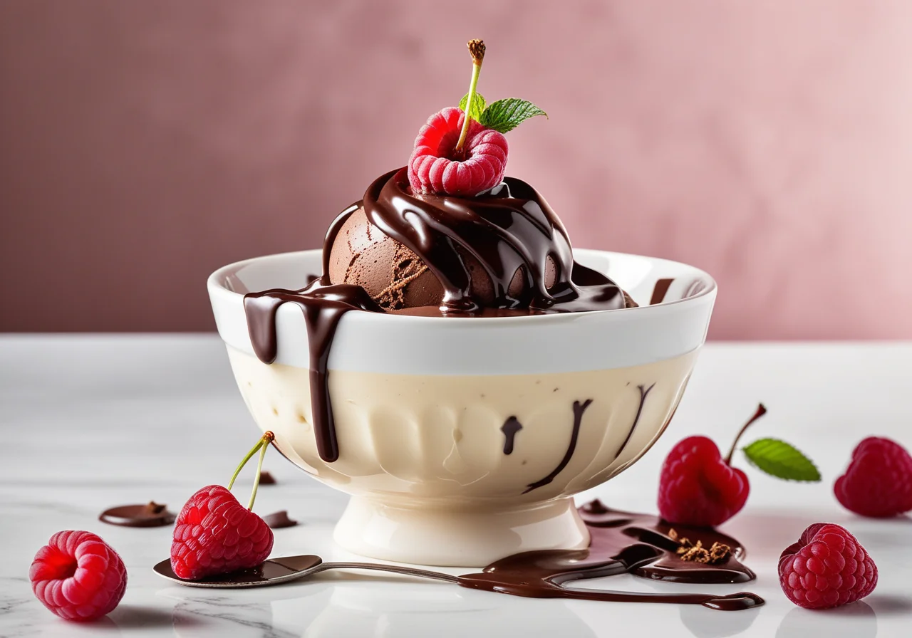Vanilla Ice Cream with Chocolate and Raspberries