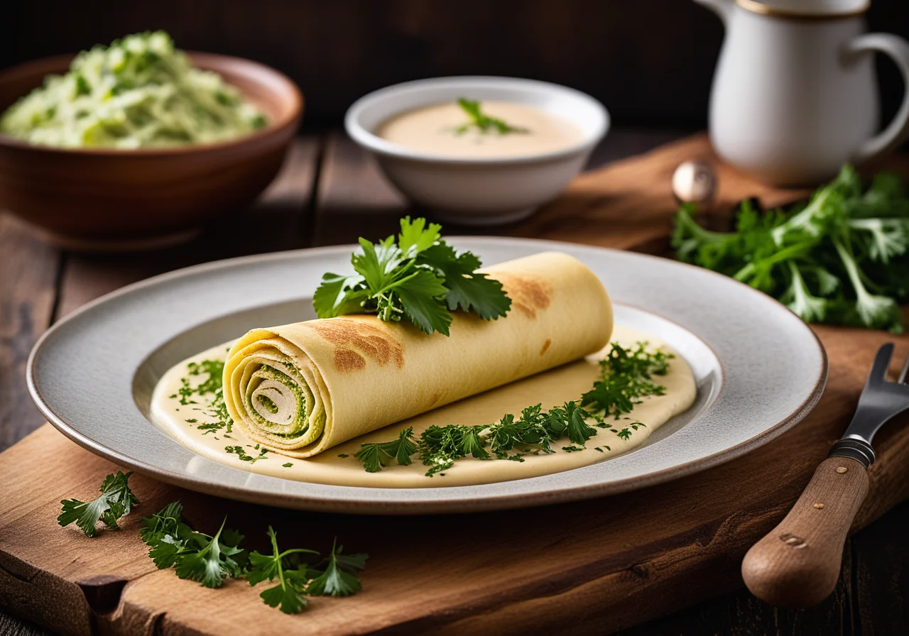 Crepe Rolls Filled with Savoy Cabbage and Rabbit