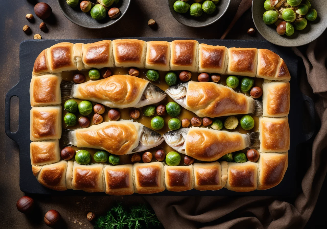 Pikeperch with Chestnuts and Brussels Sprouts in Strudel Dough
