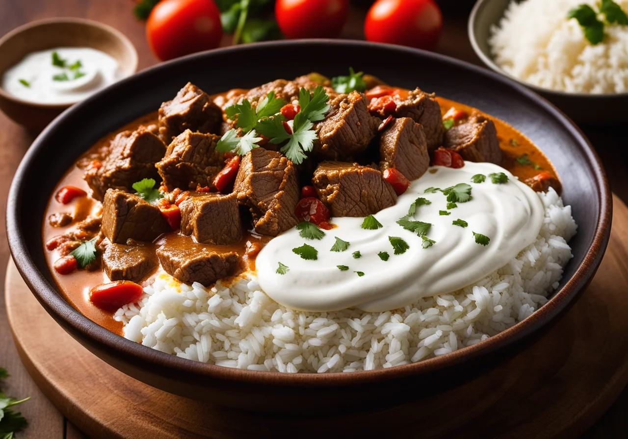 Lamb curry with rice side and vegetables