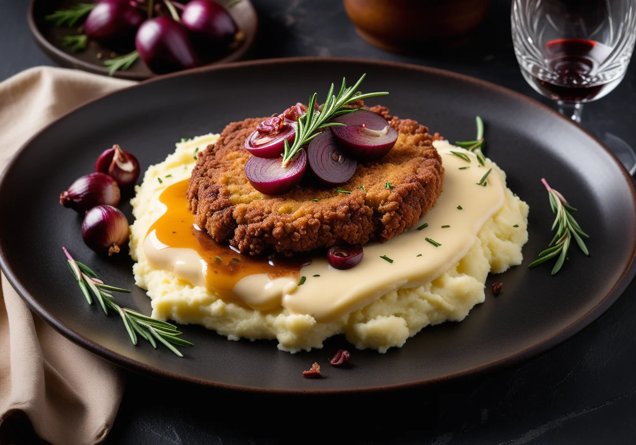 Venison Schnitzel with Mashed Potatoes and Red Wine Shallots