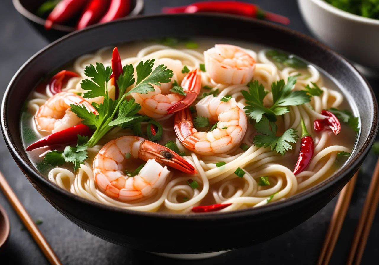 Asian-Style Noodle Soup with Shrimp and Lychees