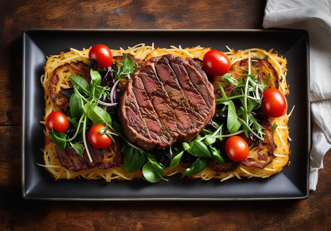 Rib steak with potato rösti and side salad