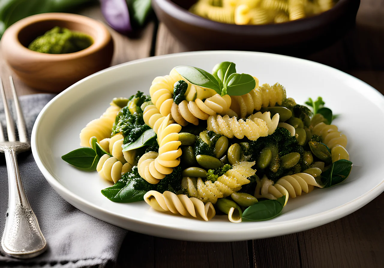Pasta with Thick Beans, Spinach, and Pesto