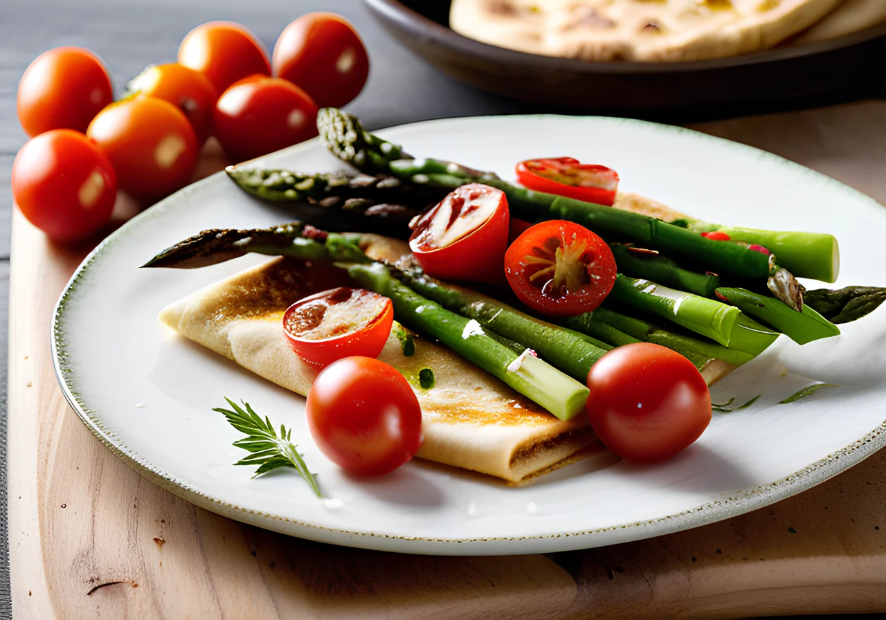 Bread Flatbread with Green Asparagus, Cherry Tomatoes, and Brie