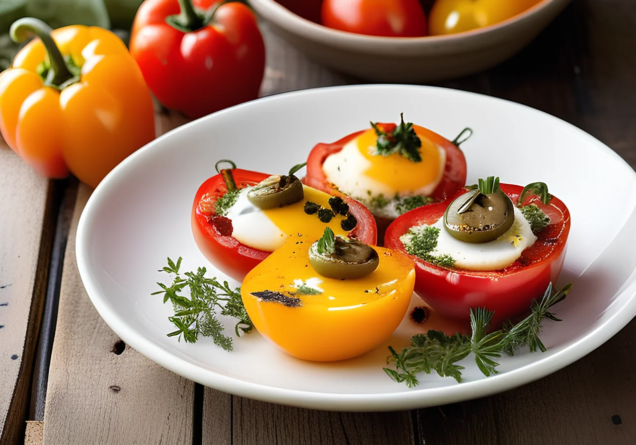 Baked Eggs and Tomatoes in Bell Peppers