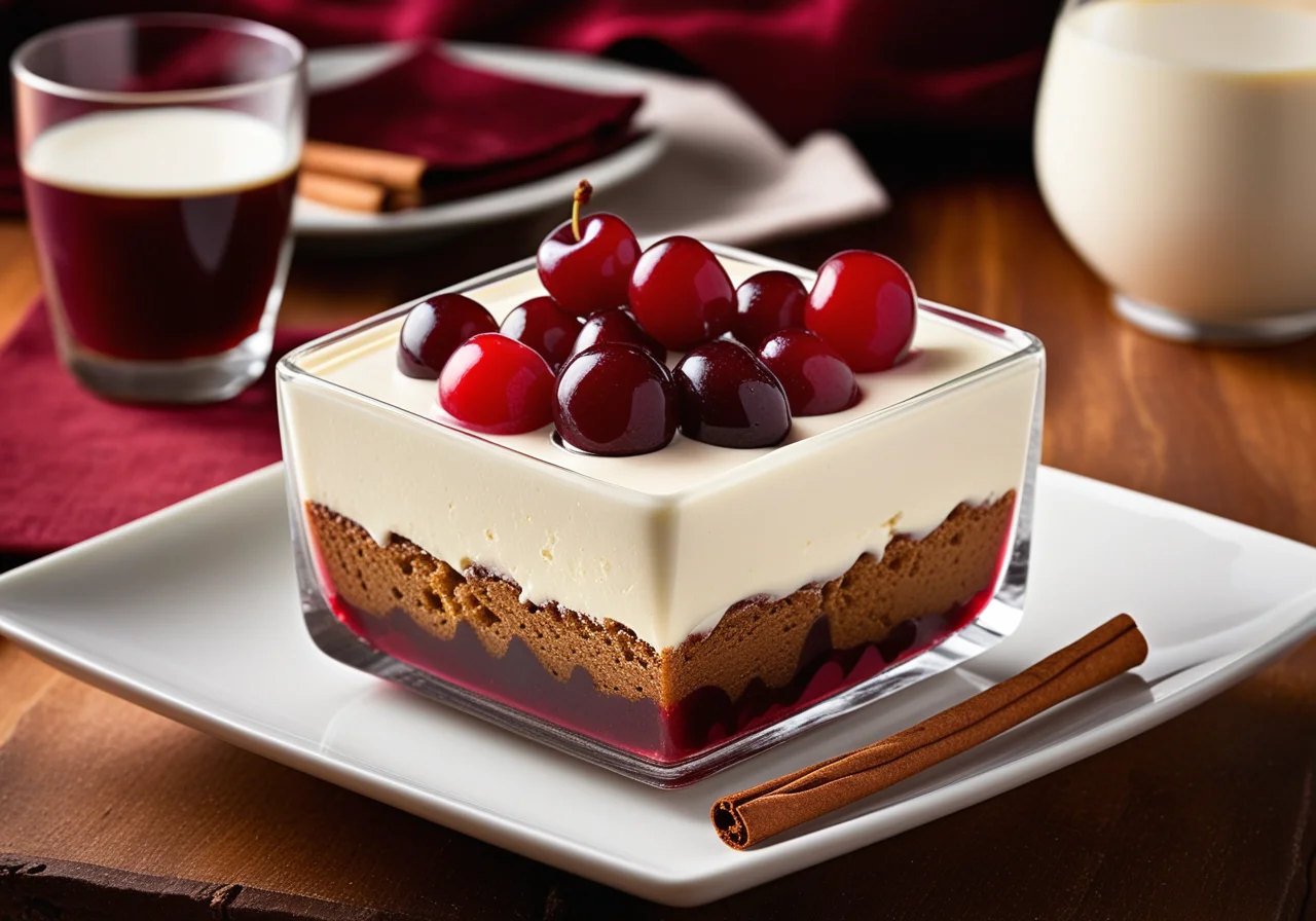 Layered dessert with cherries and gingerbread