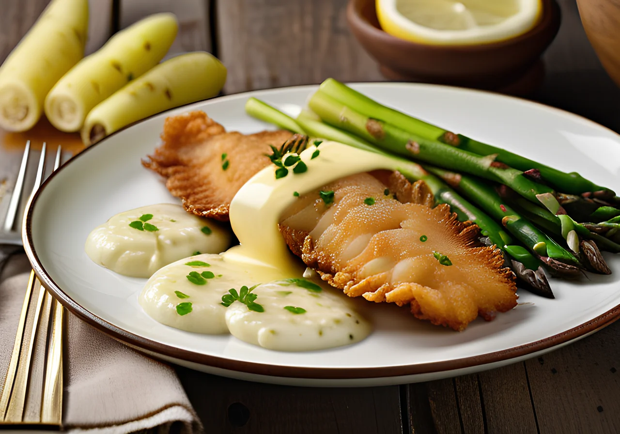 White Asparagus with Boiled Potatoes and Fried Plaice