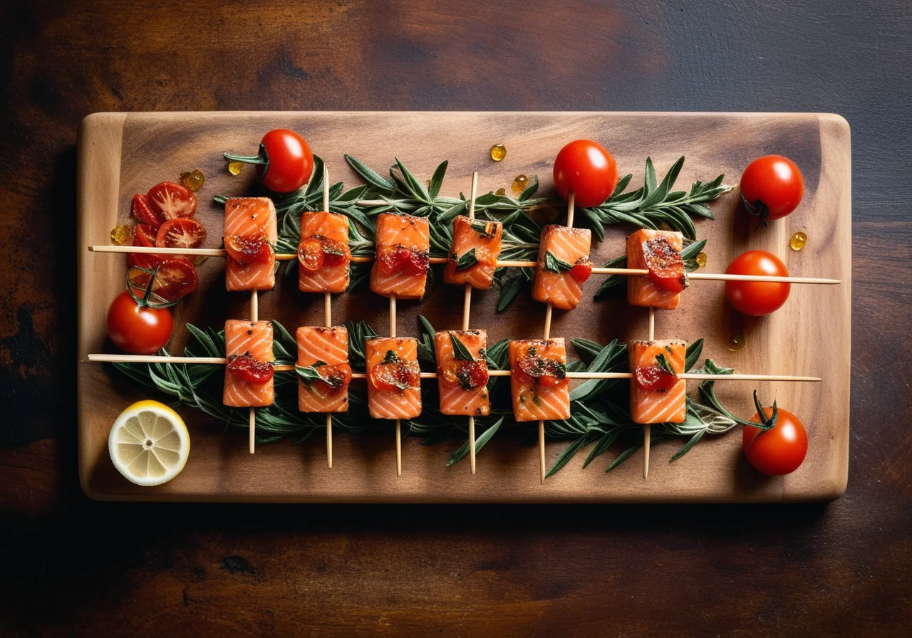 Salmon Skewer with Dried Tomatoes and Sage
