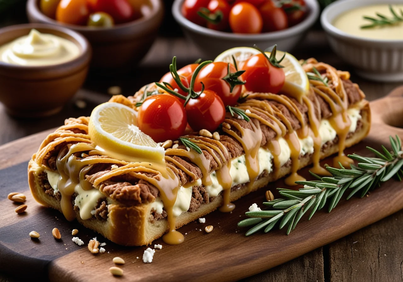 Ground Meat Feta Loaf in Filo Wrappers with Lemon Sauce