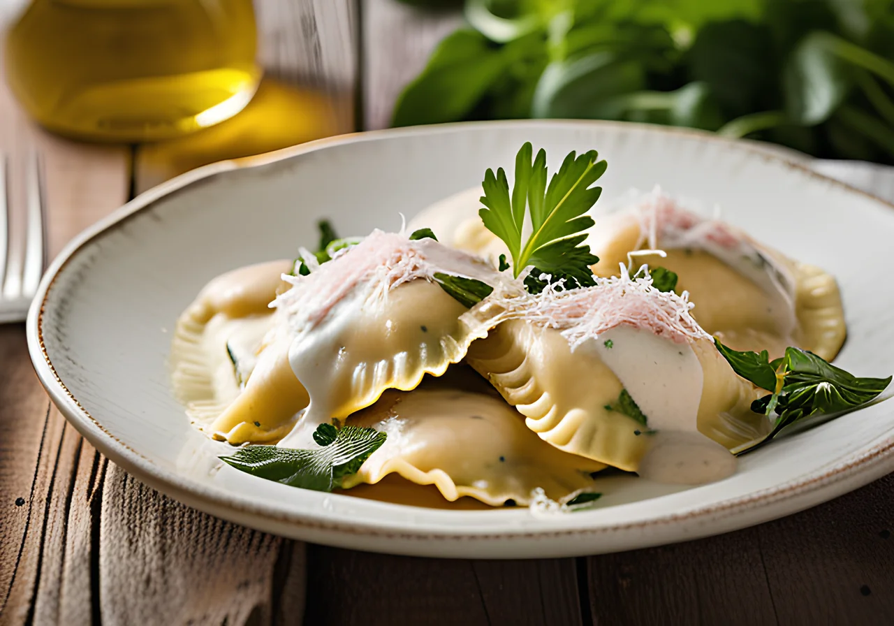 Spinach Ravioli with Creamy Ham Sauce