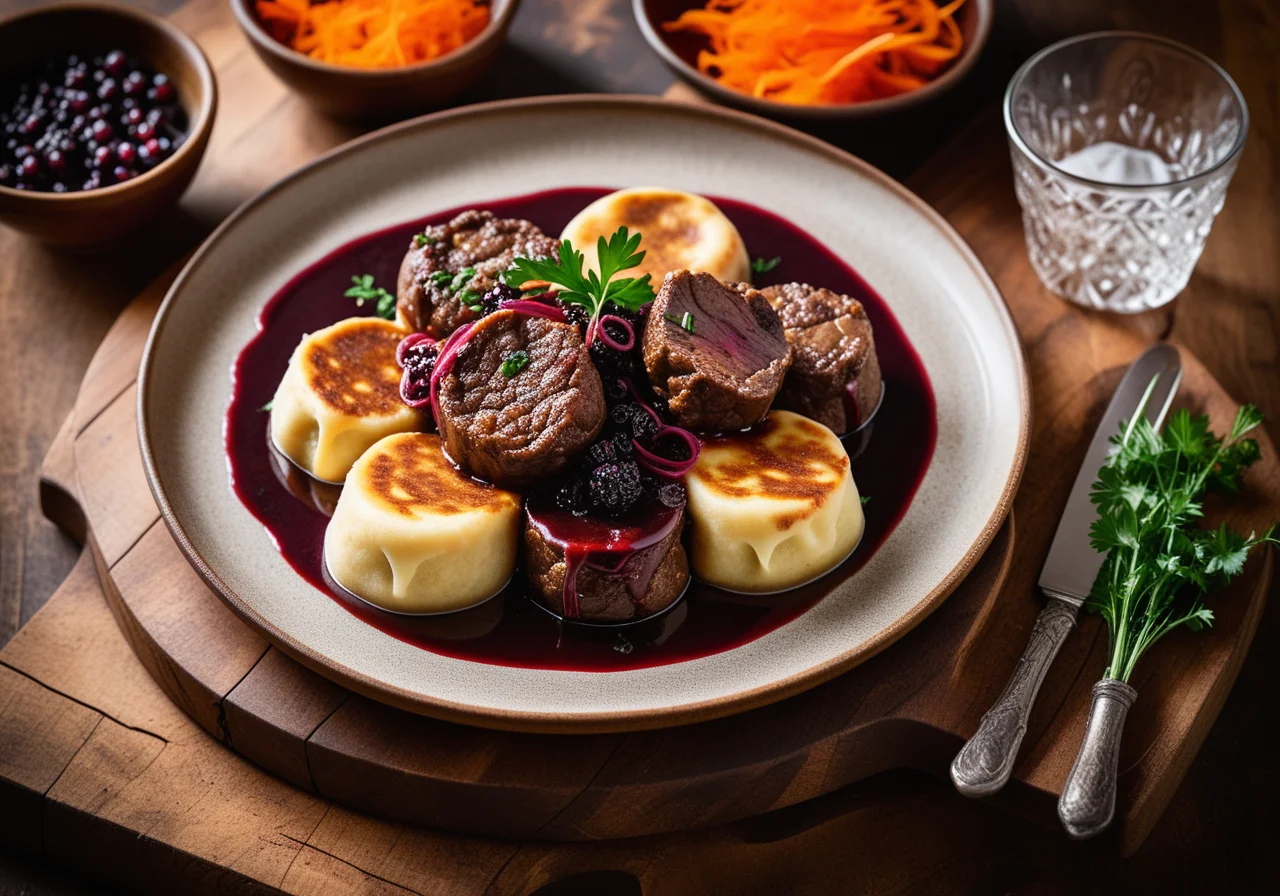 Lamb Ossobuco with Elderberry Sauce and Dumplings