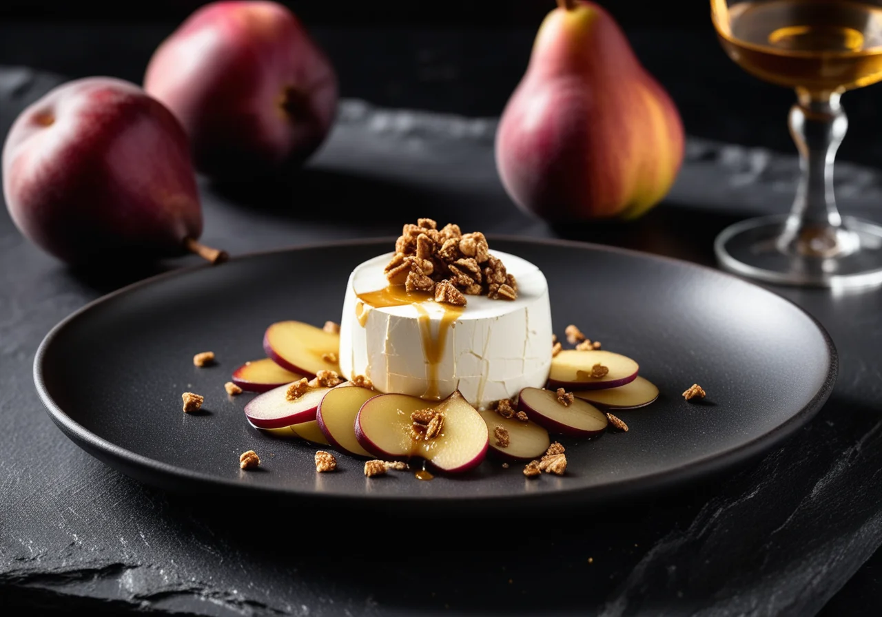 Goat cheese on pear bed with truffle sauce
