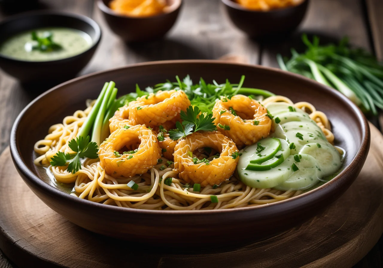 Fish Noodles with Herb Sauce and Spring Onions
