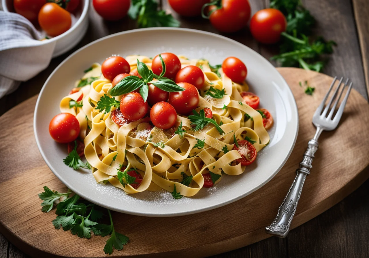 Seezungenfilet with Tagliatelle and Cherry Tomatoes