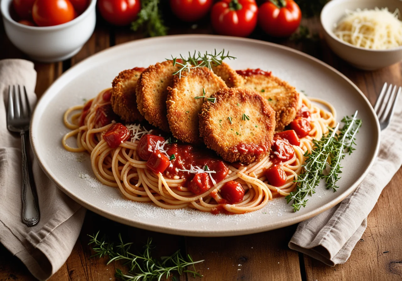 Spaghetti with Tomato Sauce and Breaded Turkey Cutlets